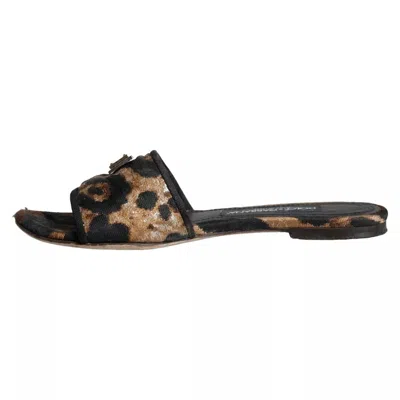 Pre-owned Dolce & Gabbana Brown Leopard Logo Slides Flats Sandals Women's Shoes ()
