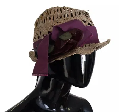 Pre-owned Dolce & Gabbana Brown Ribbon Floral Embellished Straw Women's Hat ()