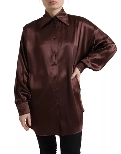 Pre-owned Dolce & Gabbana Brown Silk Collared Long Sleeves Top Women's Blouse ()