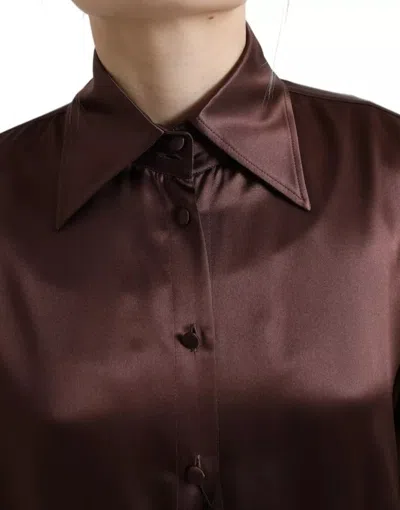 Pre-owned Dolce & Gabbana Brown Silk Collared Long Sleeves Top Women's Blouse ()