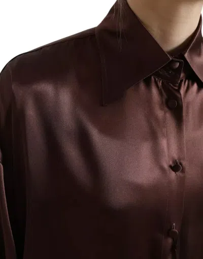 Pre-owned Dolce & Gabbana Brown Silk Collared Long Sleeves Top Women's Blouse ()
