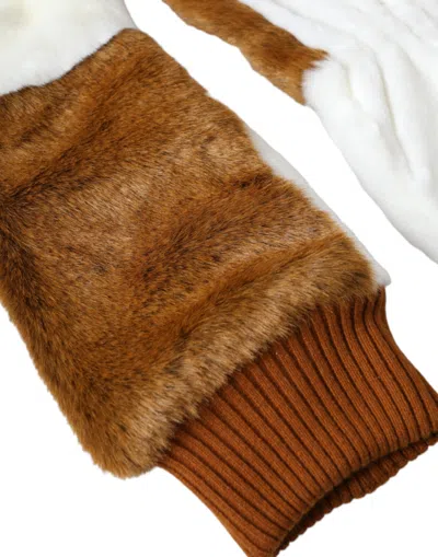 Dolce & Gabbana Brown White Acrylic Knitted Fur Mitten Women's Gloves In Brown
