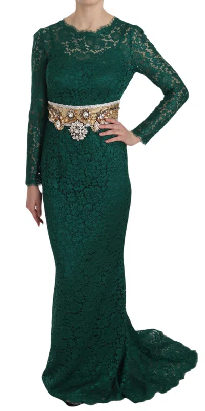 Dolce & Gabbana Crystal Gold Belt Lace Sheath Gown Women's Dress In Green