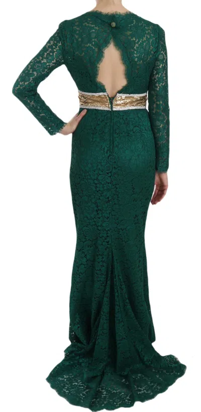 Dolce & Gabbana Crystal Gold Belt Lace Sheath Gown Women's Dress In Green