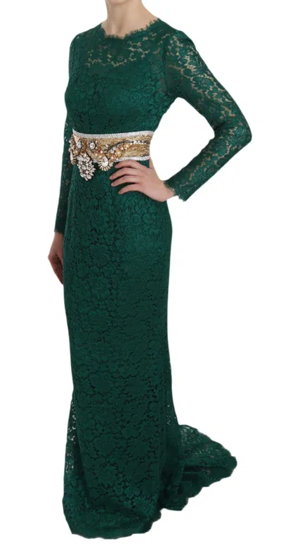 Dolce & Gabbana Crystal Gold Belt Lace Sheath Gown Women's Dress In Green
