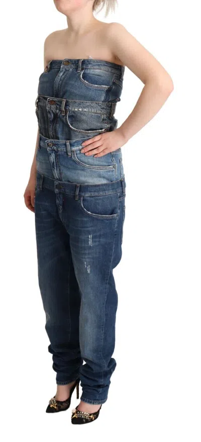 Dolce & Gabbana Dark Blue Cotton Strapless Denim Jumpsuit Dress In Blue
