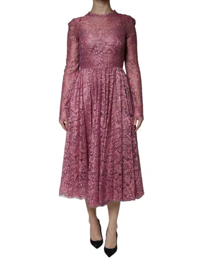 Pre-owned Dolce & Gabbana Fuchsia Floral Lace Long Sleeve Maxi Women's Dress () In Pink