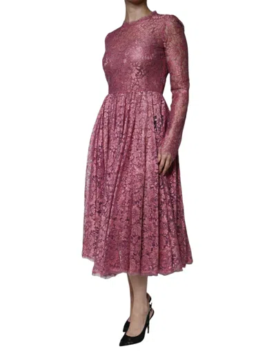 Pre-owned Dolce & Gabbana Fuchsia Floral Lace Long Sleeve Maxi Women's Dress () In Pink