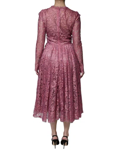Pre-owned Dolce & Gabbana Fuchsia Floral Lace Long Sleeve Maxi Women's Dress () In Pink