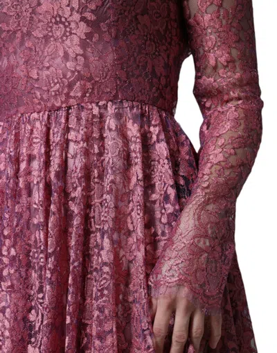 Pre-owned Dolce & Gabbana Fuchsia Floral Lace Long Sleeve Maxi Women's Dress () In Pink