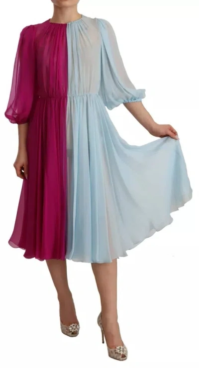 Pre-owned Dolce & Gabbana Fuchsia Light Blue Silk Two Tone Midi Women's Dress () In Pink