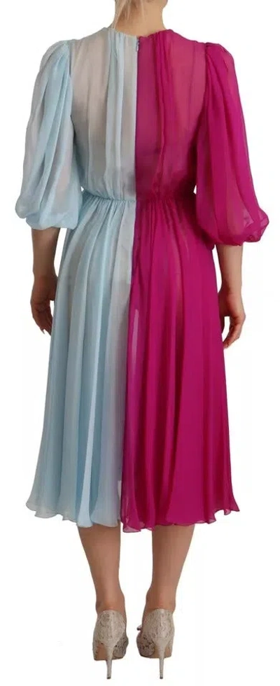 Pre-owned Dolce & Gabbana Fuchsia Light Blue Silk Two Tone Midi Women's Dress () In Pink