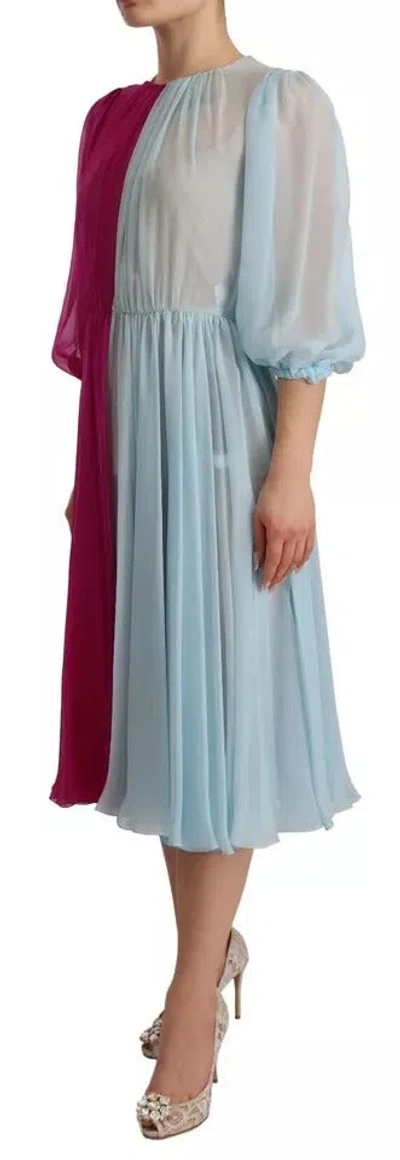 Pre-owned Dolce & Gabbana Fuchsia Light Blue Silk Two Tone Midi Women's Dress () In Pink