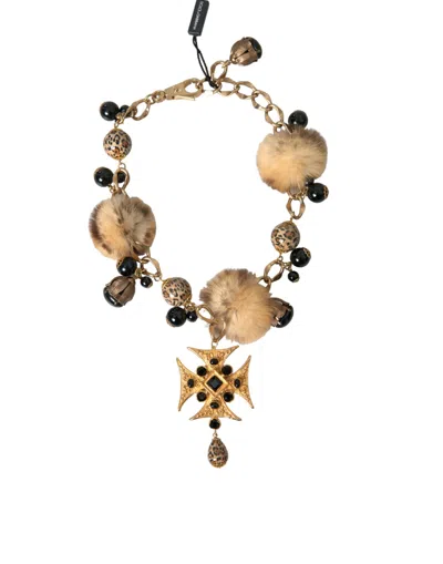 Dolce & Gabbana Gold Black Crystals Lapin Fur Filigree Chocker Women's Necklace In Gold