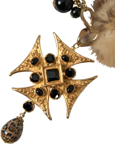 Dolce & Gabbana Gold Black Crystals Lapin Fur Filigree Chocker Women's Necklace In Gold
