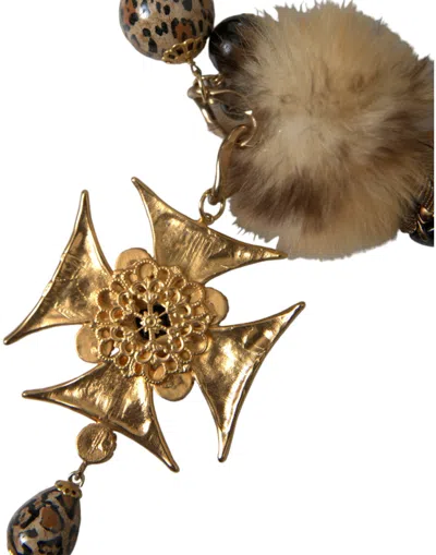 Dolce & Gabbana Gold Black Crystals Lapin Fur Filigree Chocker Women's Necklace In Gold
