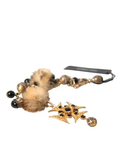 Dolce & Gabbana Gold Black Crystals Lapin Fur Filigree Chocker Women's Necklace In Gold