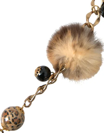 Dolce & Gabbana Gold Brass Leopard Fur Pearl Collier Chain Belt In Gold