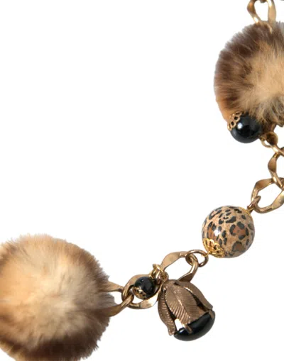 Dolce & Gabbana Gold Brass Leopard Fur Pearl Collier Chain Belt In Gold