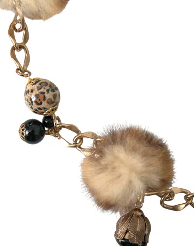 Dolce & Gabbana Gold Brass Leopard Fur Pearl Collier Chain Belt In Gold