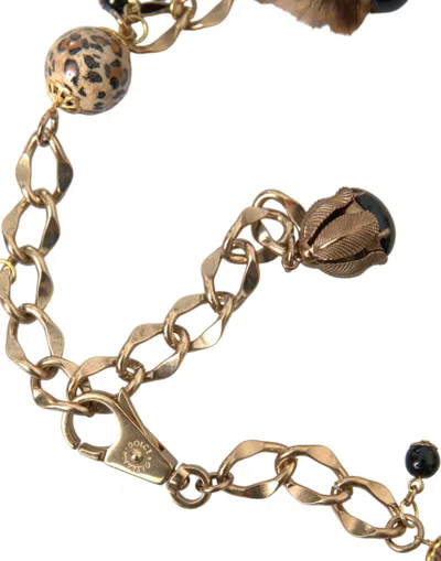 Dolce & Gabbana Gold Brass Leopard Fur Pearl Collier Chain Belt In Gold