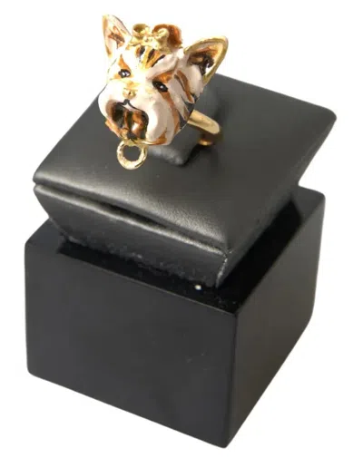 Pre-owned Dolce & Gabbana Gold Brass Resin Beige Dog Pet Accessory Women's Ring ()