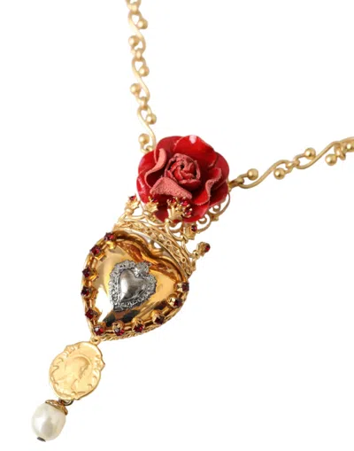 Dolce & Gabbana Gold Brasschain Sacred Heart Rose Crystal Charm Women's Necklace In Gold