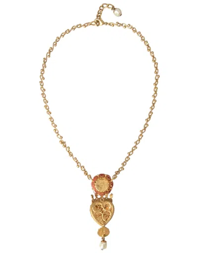Dolce & Gabbana Gold Brasschain Sacred Heart Rose Crystal Charm Women's Necklace In Gold