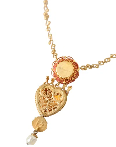 Dolce & Gabbana Gold Brasschain Sacred Heart Rose Crystal Charm Women's Necklace In Gold