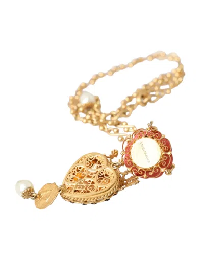 Dolce & Gabbana Gold Brasschain Sacred Heart Rose Crystal Charm Women's Necklace In Gold