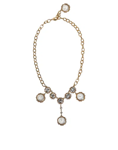 Dolce & Gabbana Gold Chain Brass Crystal Clock Statement Women's Necklace In Gold