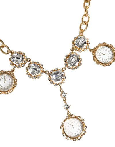 Dolce & Gabbana Gold Chain Brass Crystal Clock Statement Women's Necklace In Gold