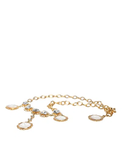 Dolce & Gabbana Gold Chain Brass Crystal Clock Statement Women's Necklace In Gold