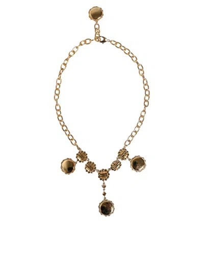 Dolce & Gabbana Gold Chain Brass Crystal Clock Statement Women's Necklace In Gold