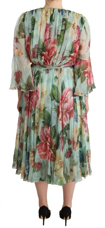 Dolce & Gabbana Crossed Chiffon Midi Dress With Floral Ombre Print In Green