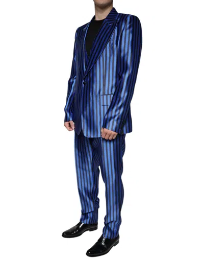 Pre-owned Dolce & Gabbana Metallic Blue Stripes Formal 3 Piece Men's Suit ()