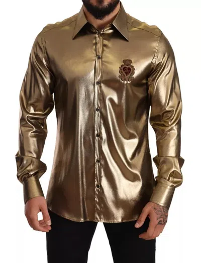 Pre-owned Dolce & Gabbana Metallic Gold Dg Embroidered Crown Silk Top Men's Shirt ()