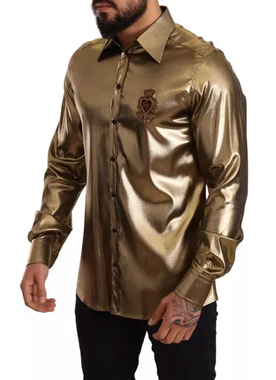 Pre-owned Dolce & Gabbana Metallic Gold Dg Embroidered Crown Silk Top Men's Shirt ()