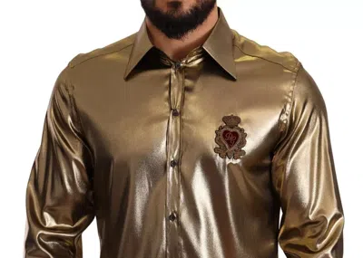 Pre-owned Dolce & Gabbana Metallic Gold Dg Embroidered Crown Silk Top Men's Shirt ()