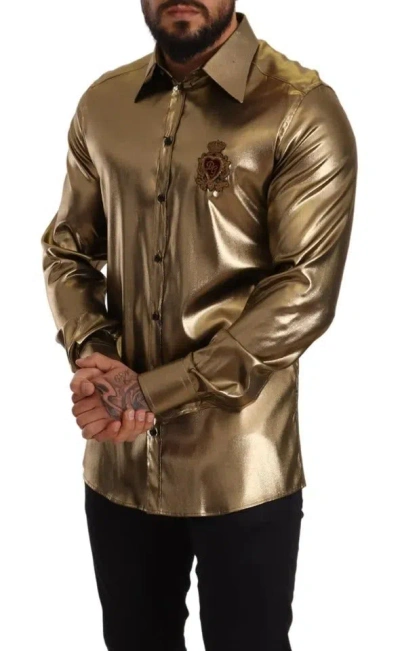 Pre-owned Dolce & Gabbana Metallic Gold Dg Embroidered Crown Silk Top Men's Shirt ()