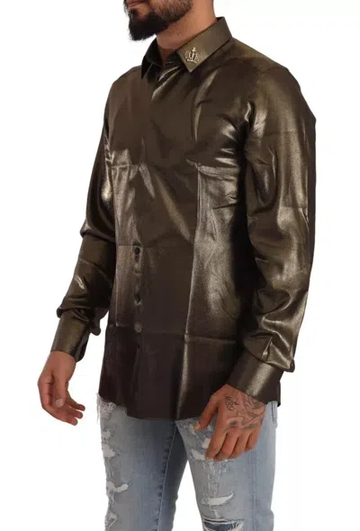 Pre-owned Dolce & Gabbana Metallic Gold Dg Embroidered Crown Silk Top Men's Shirt ()