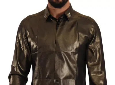Pre-owned Dolce & Gabbana Metallic Gold Dg Embroidered Crown Silk Top Men's Shirt ()