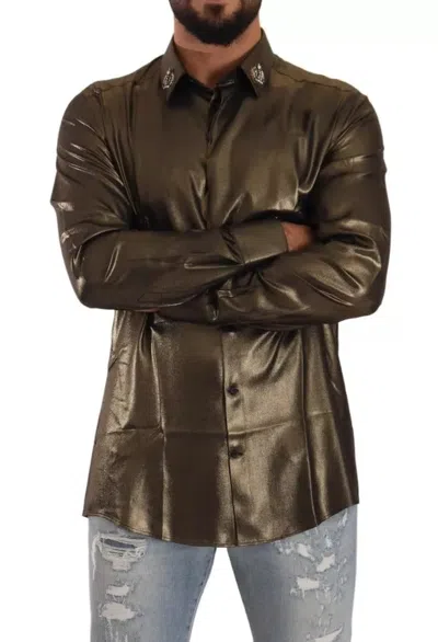 Pre-owned Dolce & Gabbana Metallic Gold Dg Embroidered Crown Silk Top Men's Shirt ()