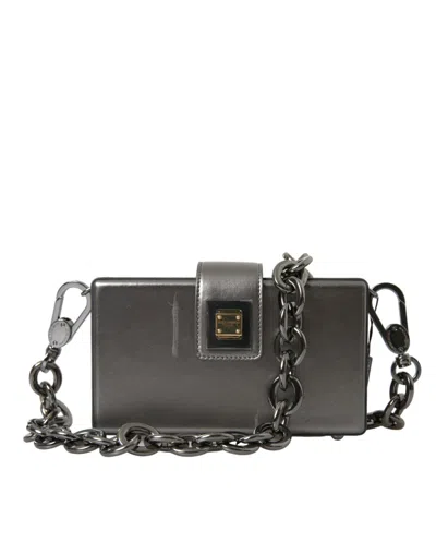 Pre-owned Dolce & Gabbana Metallic Gray Calfskin Leather Dg Box Shoulder Men's Bag () In Silver
