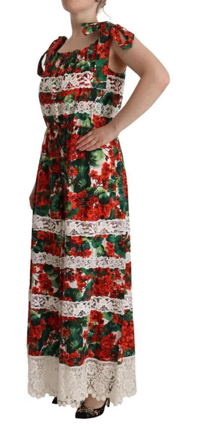 Dolce & Gabbana Multicolor Geranium Print Lace Long Maxi Dress In Multi
