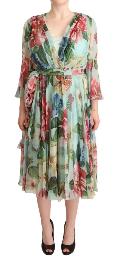 Dolce & Gabbana Crossed Chiffon Midi Dress With Floral Ombre Print In Multi