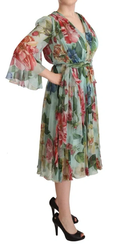 Dolce & Gabbana Crossed Chiffon Midi Dress With Floral Ombre Print In Multi