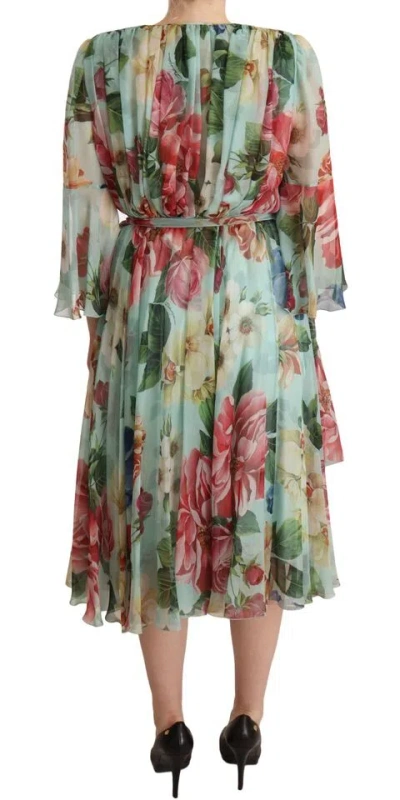 Dolce & Gabbana Crossed Chiffon Midi Dress With Floral Ombre Print In Multi