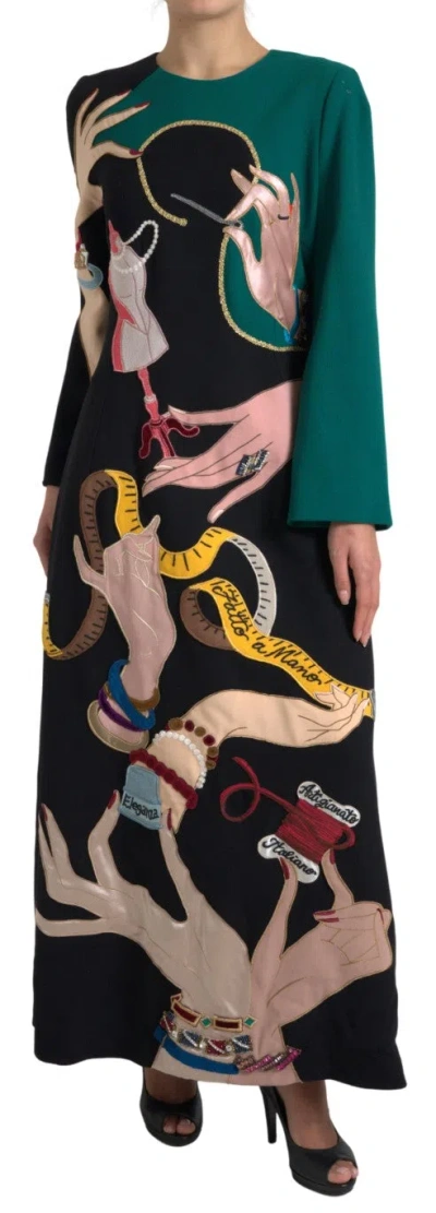 Dolce & Gabbana Multicolor Long Sleeves A-line Maxi Dress In Green