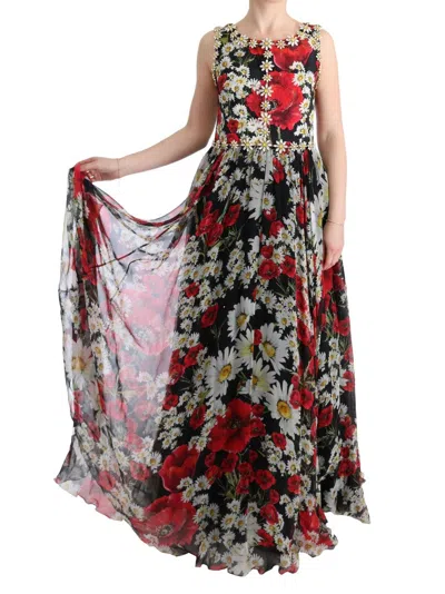 Dolce & Gabbana Multicolor Silk Floral Crystal Long Maxi Dress In Multi